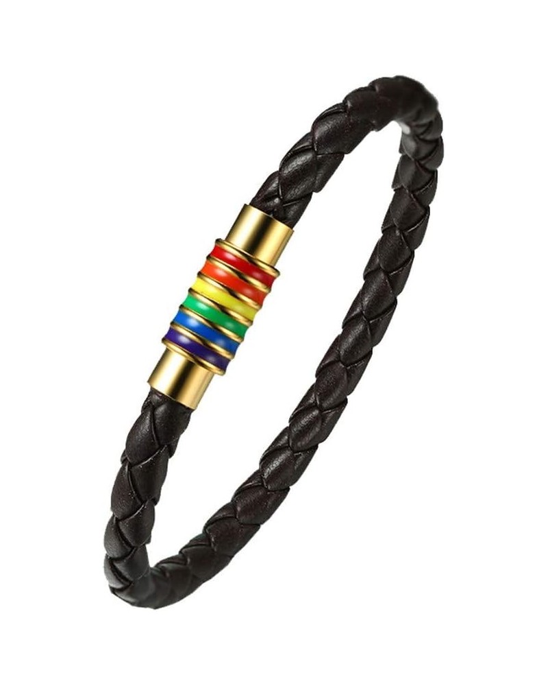 Leather Braided LGBT Rainbow Bangle Bracelet - Gay & Lesbian Pride brown gold 220.0 Millimeters $8.96 Bracelets