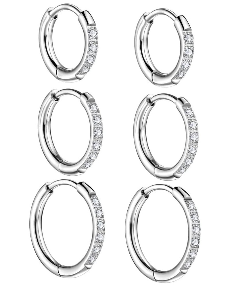 3 Pairs Huggie Hoop Earrings,Cartilage Hoop Earring AAA+ Cubic Zirconia Cuff Stainless Steel Earrings Silver $9.17 Earrings