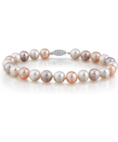 Sterling Silver 7-8mm AAA Quality Round Multicolor Freshwater Cultured Pearl Bracelet for Women $60.76 Bracelets