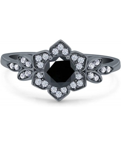 Halo Art Deco Cluster Floral Wedding Engagement Ring Round Simulated Cubic Zirconia 925 Sterling Silver Black Tone, Simulated...