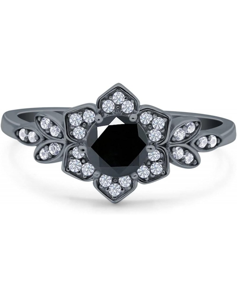 Halo Art Deco Cluster Floral Wedding Engagement Ring Round Simulated Cubic Zirconia 925 Sterling Silver Black Tone, Simulated...