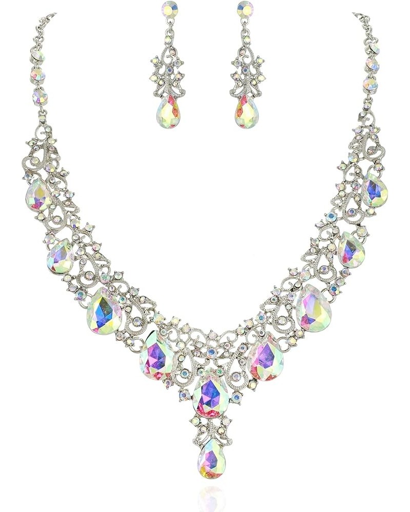 Women's Glamour Scoop V-Neck Austrian Crystal Necklace and Earring Set Iridescent $8.80 Jewelry Sets