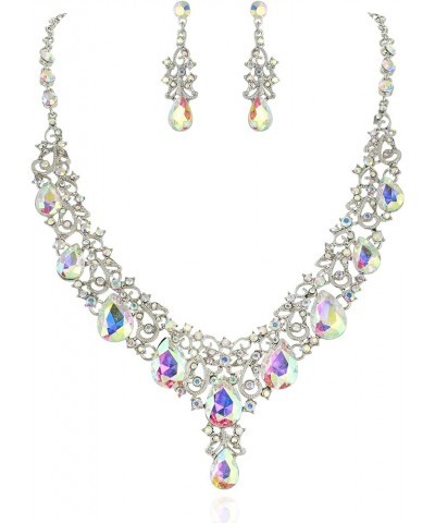 Women's Glamour Scoop V-Neck Austrian Crystal Necklace and Earring Set Iridescent $8.80 Jewelry Sets