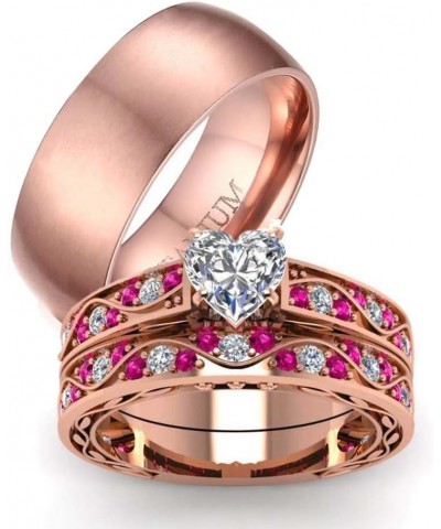 Couple Ring Bridal Set His Hers 10k Women Rose Gold Filled Heart Cut CZ Men Titanium Wedding Ring Band Set women's size 6 & m...