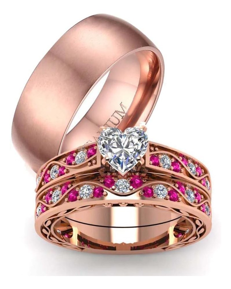 Couple Ring Bridal Set His Hers 10k Women Rose Gold Filled Heart Cut CZ Men Titanium Wedding Ring Band Set women's size 6 & m...