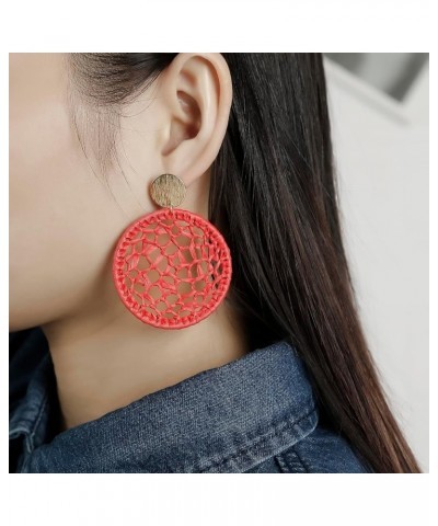 Statement Raffia Round Earrings, Handwoven Dream Catcher Earrings for Women Bohemian Jewelry Gift Red $7.79 Earrings