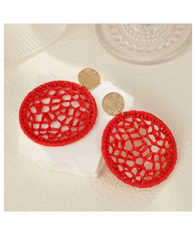 Statement Raffia Round Earrings, Handwoven Dream Catcher Earrings for Women Bohemian Jewelry Gift Red $7.79 Earrings