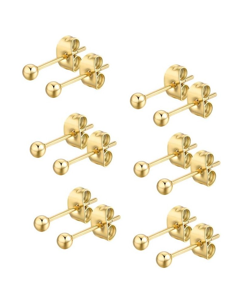 6 Pair Tiny Women Girls 14K Gold Plated Round Ball Stud Earrings Surgical Stainless Steel Earrings Set, 2-6MM 6 pair diameter...