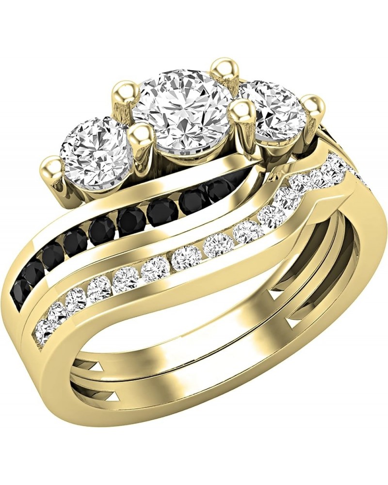 Round Gemstone, Black & White Diamond Ladies Twisted Bypass 3 Stone Wedding Ring Set, Available in Various Gemstones & Metal ...