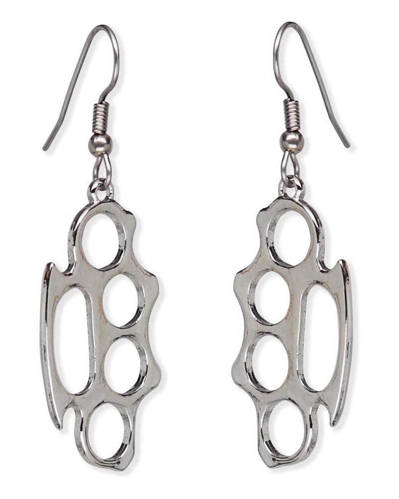 Pewter Brass Knuckles Polished Silver Finish Dangle Earrings $7.69 Earrings