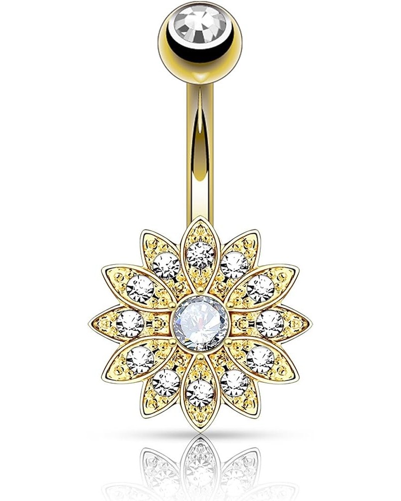 Surgical Steel Crystal Paved Petite Flower Belly Ring with Crystal Center Gold Tone/Clear $8.83 Body Jewelry