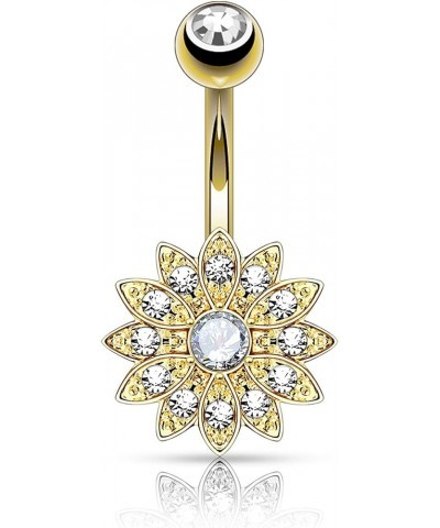 Surgical Steel Crystal Paved Petite Flower Belly Ring with Crystal Center Gold Tone/Clear $8.83 Body Jewelry