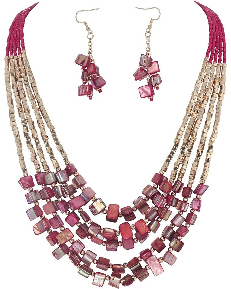 Bohemian Layered Shell Beaded Necklace Set Seed Bead Irregular Costume Jewelry for Women Red+ER $11.36 Jewelry Sets