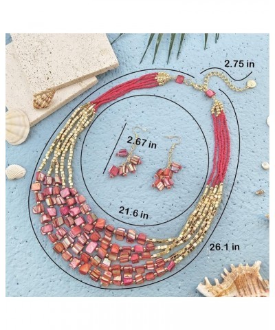 Bohemian Layered Shell Beaded Necklace Set Seed Bead Irregular Costume Jewelry for Women Red+ER $11.36 Jewelry Sets