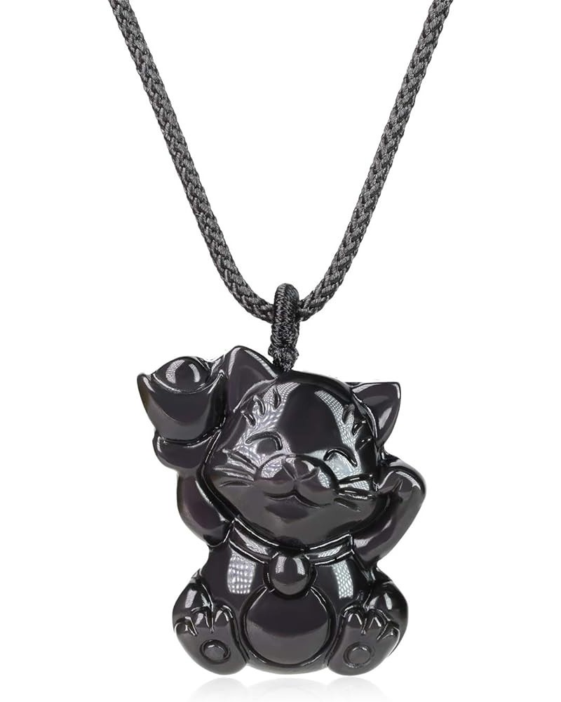 Lucky Cat Obsidian Stone Pendant Necklace Black Obsidian $12.42 Necklaces