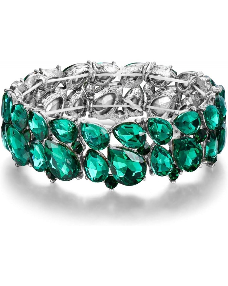 Women's Wedding Party Jewelry Austrian Crystal 2 Layer Teardrop Stretch Bracelet for Her Green Silver-Tone $11.27 Bracelets