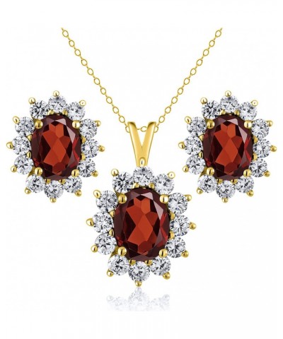 18K Yellow Gold Plated Silver Red Garnet Pendant and Earrings Jewelry Set For Women (3.40 Cttw, Gemstone January Birthstone, ...