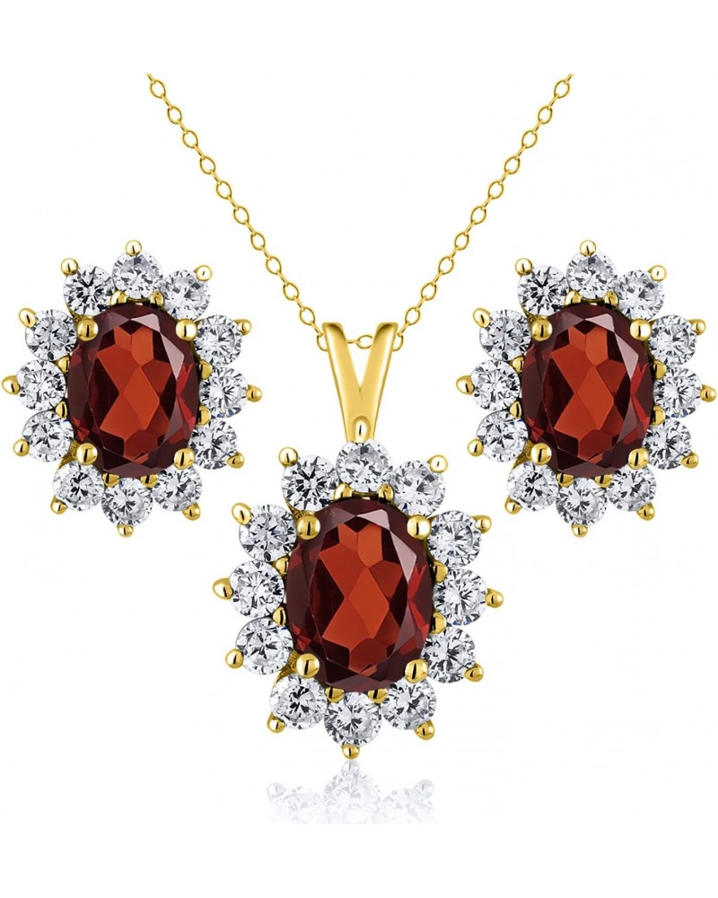 18K Yellow Gold Plated Silver Red Garnet Pendant and Earrings Jewelry Set For Women (3.40 Cttw, Gemstone January Birthstone, ...