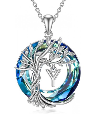 Tree of Life Initial Necklace for Women, 925 Sterling Silver Letter A to Z Initial Pendant Necklaces with Blue Circle Crystal...