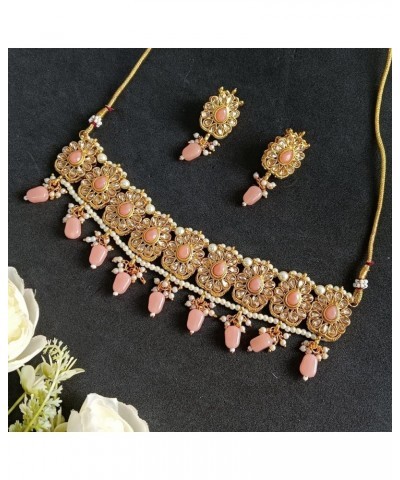 Indian Jewelry Set For Women Bollywood Wedding Bridal Crystal Kundan Choker Necklace Set Floral Faux Pearl Drop Dangle Earrin...