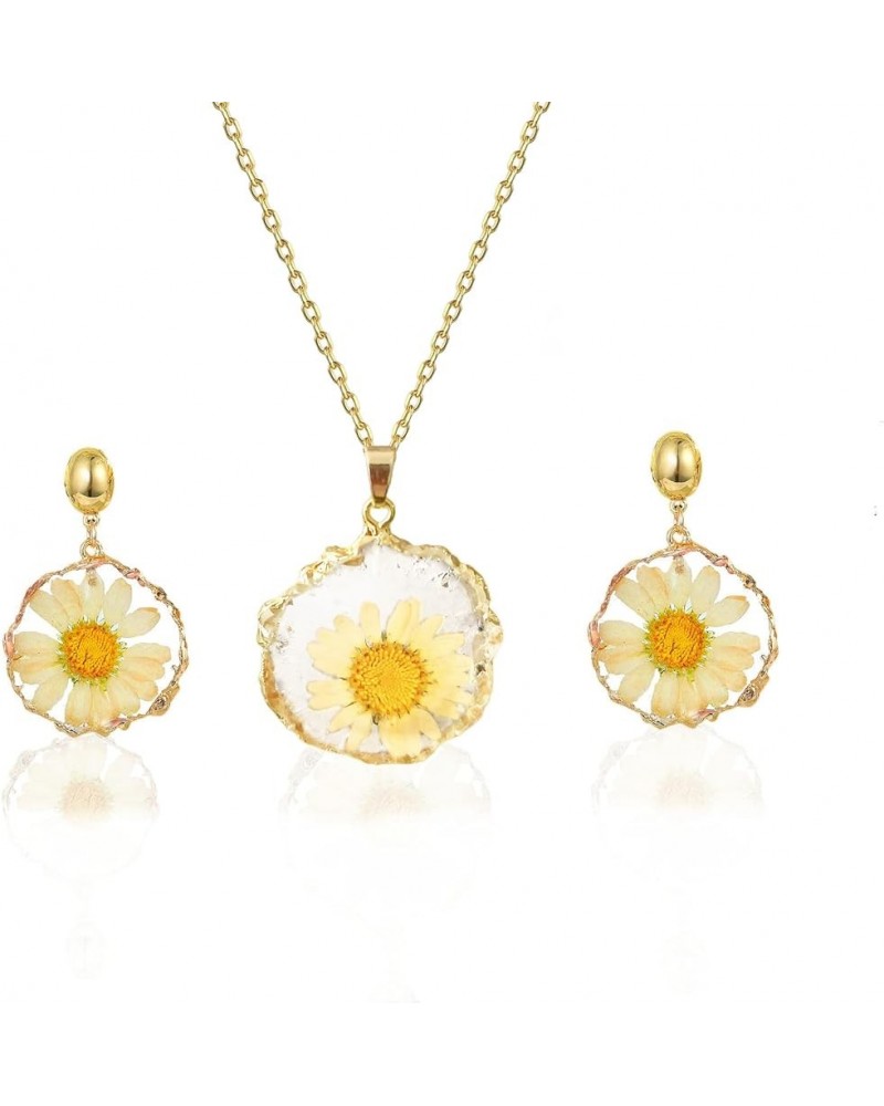 Pressed Flower Necklace Earrings Set,Bohemian Dried Flower Resin Double-Sided Drop Daisy Sunflower Handmade Statement Jewelry...