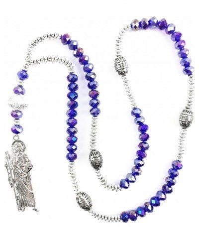 San Judas Crystal Glass Bead Prayer Silver Beads Rosary Rosario Blue $19.73 Necklaces