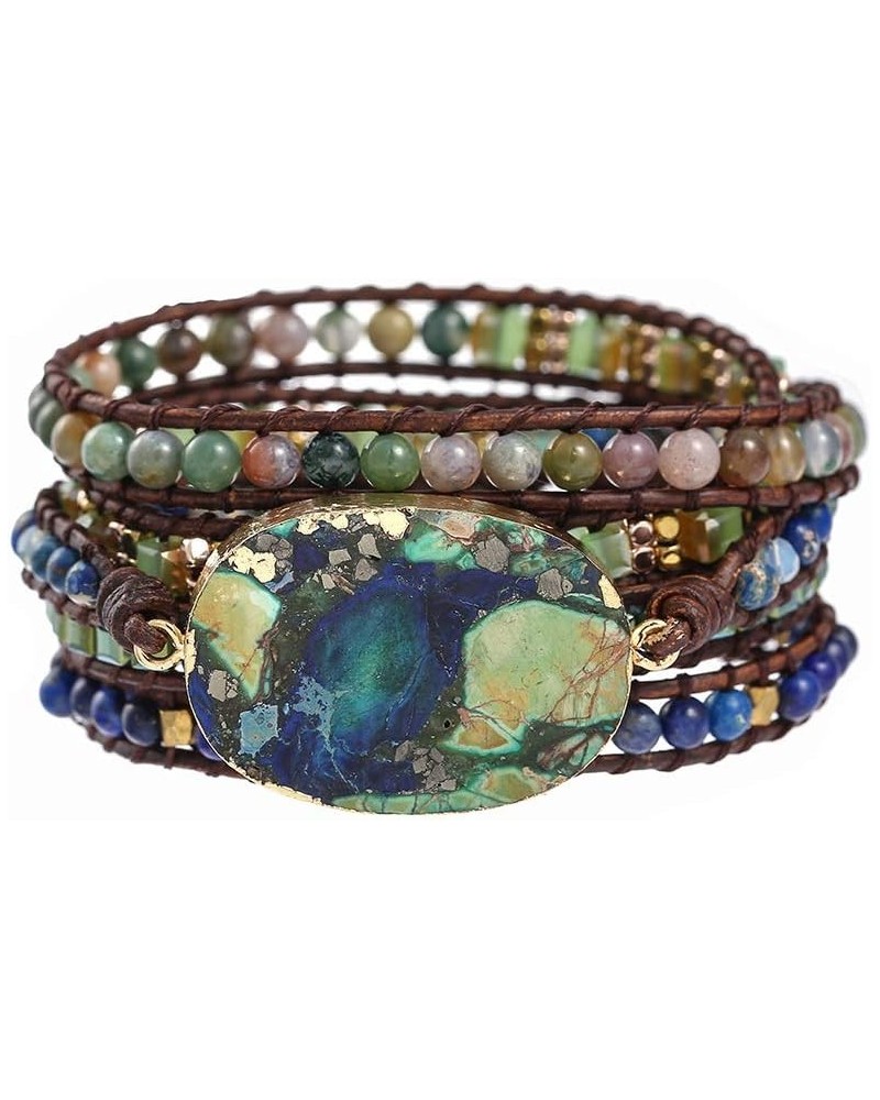 Women Boho Handmade Natural Stone Crystal Leather Bead Wrap Bracelets Collection Blue Green Jasper 5W $14.76 Bracelets