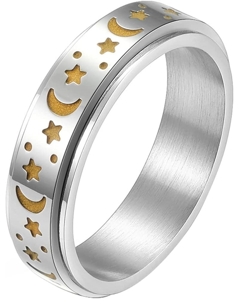 Moon and Star Ring Stress Relieving Anxiety Ring Titanium Steel Spinner Rings Engagement Wedding Rings Luminous Silver(Rotata...