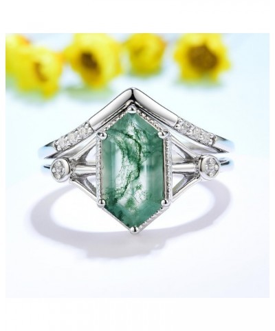 Natural Moss Agate Gemstone Rings for Women Solid 925 Sterling Silver Rings for Women Trendy Hexagon Engagement Wedding Ring ...