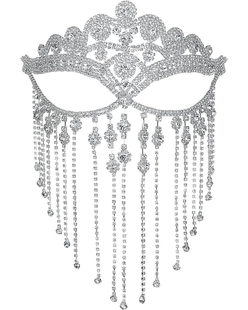 Tassel Mask chain for Women Fringe Masquerade Head Chain Rhinestone Face Jewelry for Halloween PartyCosplay vintage-silver $1...