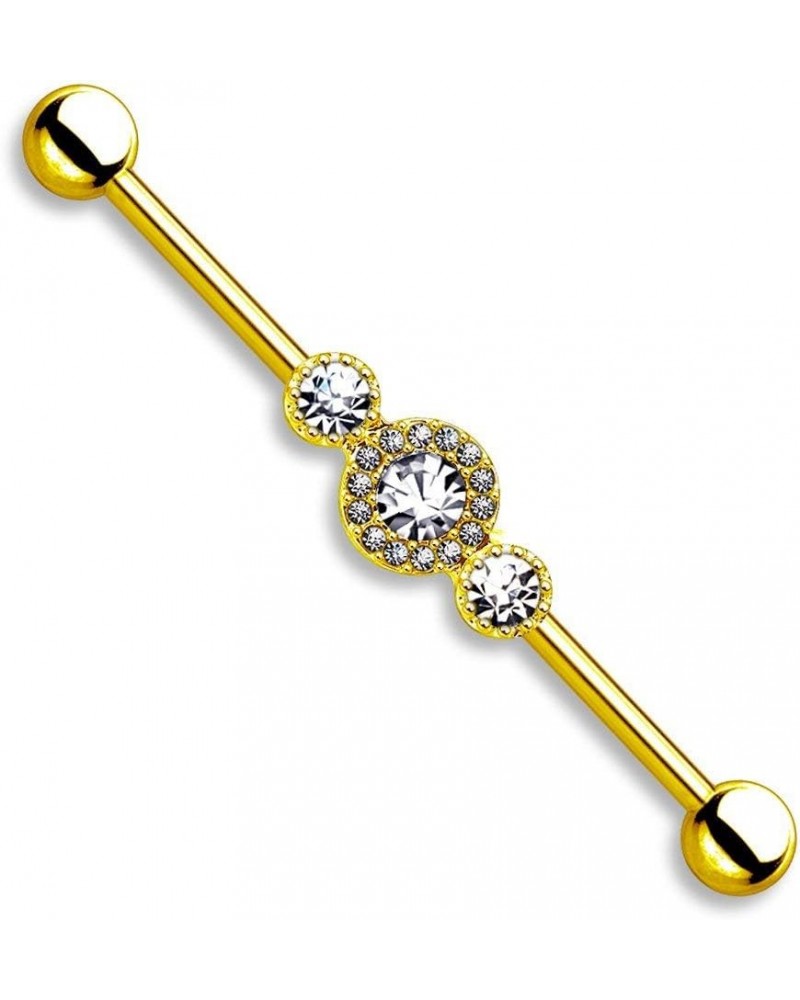 14g 1.5 Inch (38mm) Surgical Steel Super Glam Triple CZ Industrial Barbell Gold Tone $11.99 Body Jewelry