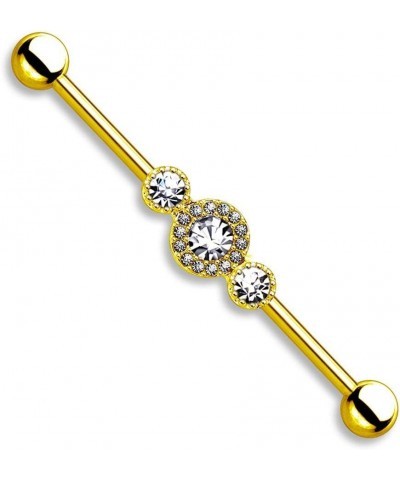 14g 1.5 Inch (38mm) Surgical Steel Super Glam Triple CZ Industrial Barbell Gold Tone $11.99 Body Jewelry