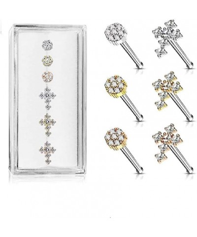 6 Pcs of CZ Cross and CZ Flower with Double Tiered CZ Center Top 316L Surgical Steel 20 Gauge Nose Stud Rings Gem Box Package...