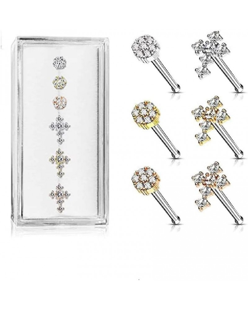 6 Pcs of CZ Cross and CZ Flower with Double Tiered CZ Center Top 316L Surgical Steel 20 Gauge Nose Stud Rings Gem Box Package...