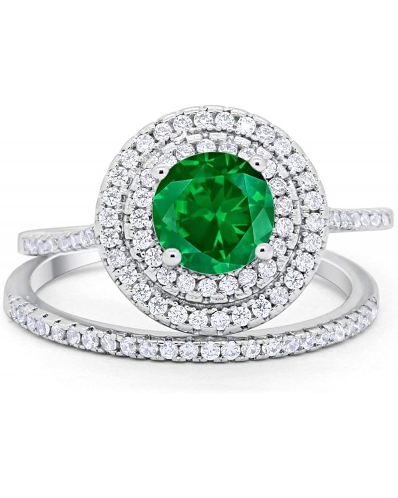 Double Halo Wedding Engagement Bridal Set Ring Band 925 Sterling Silver Round Cubic Zirconia Simulated Green Emerald CZ $21.4...