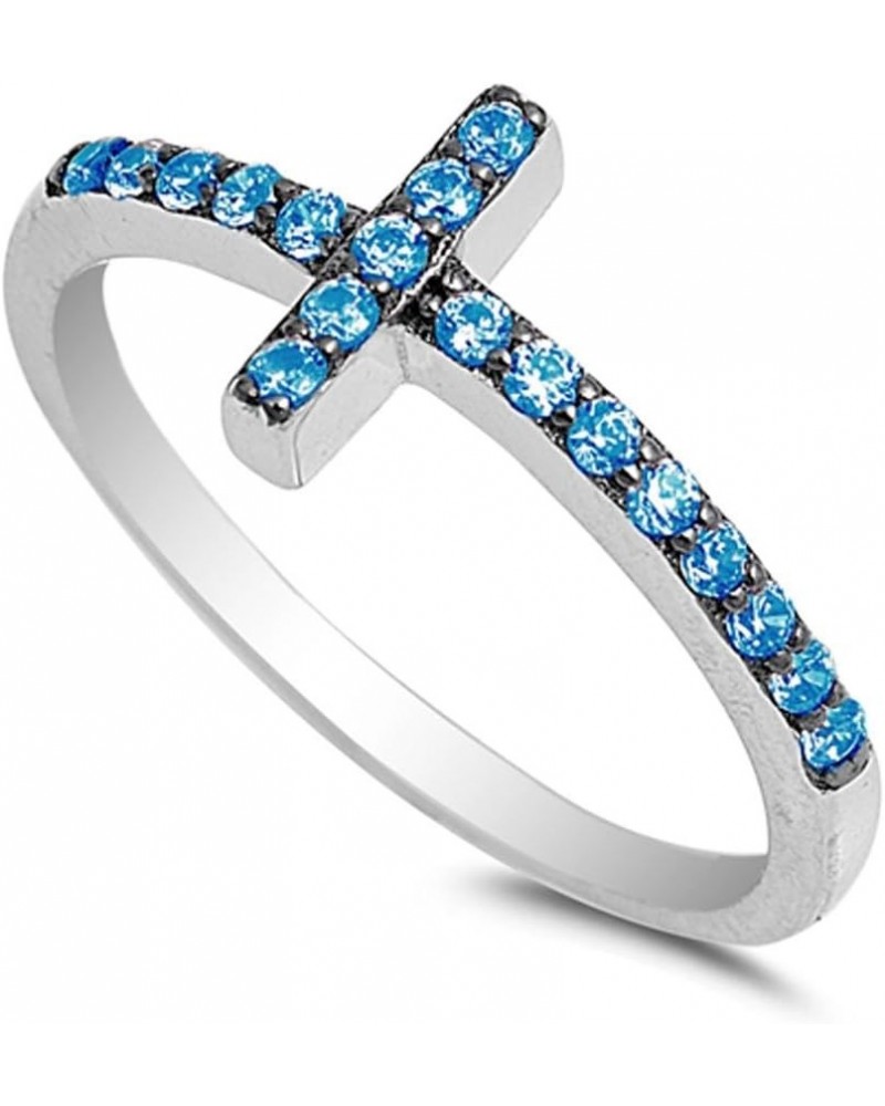 CHOOSE YOUR COLOR Sterling Silver Sideways Cross Ring Blue (Simulated Topaz) $10.44 Rings