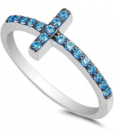 CHOOSE YOUR COLOR Sterling Silver Sideways Cross Ring Blue (Simulated Topaz) $10.44 Rings