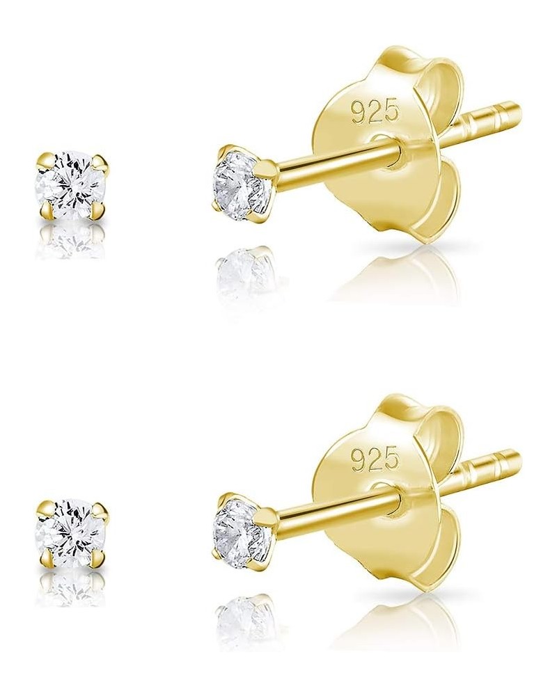 Set of 2 PAIRS of 925 Sterling Silver, 24K Yellow or 18K Rose Gold Plated VERY/TINY Round Stud Earrings with Cubic Zirconia -...