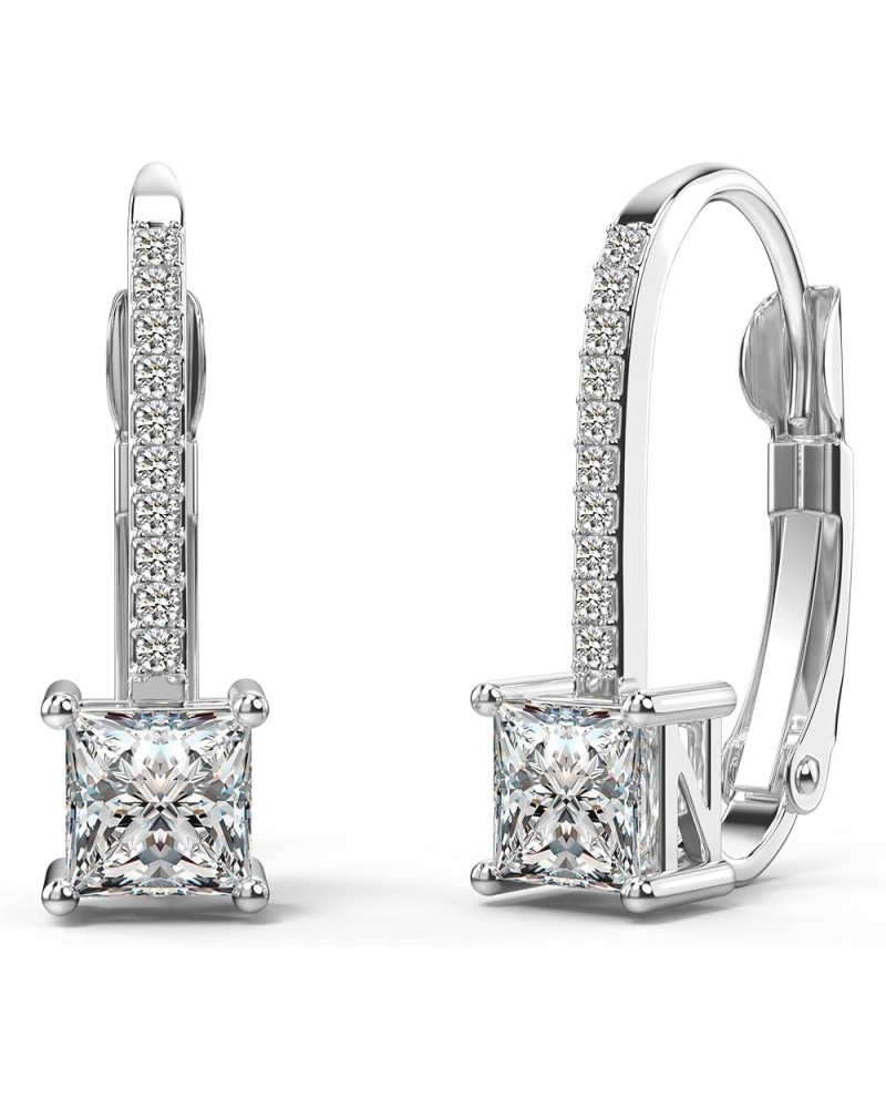 18K White Gold Plated Princess Cut Cubic Zirconia Drop Leverback Earrings Sterling Silver Square Simulated Diamond CZ Dangle ...