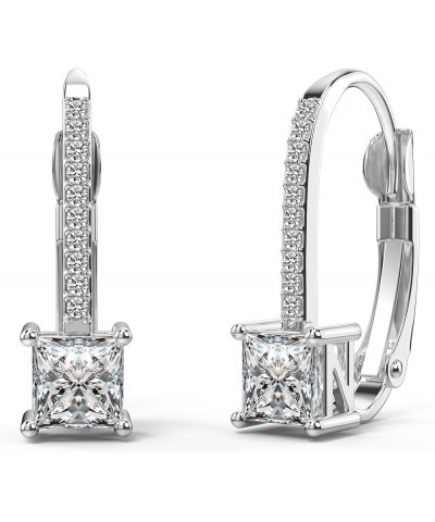 18K White Gold Plated Princess Cut Cubic Zirconia Drop Leverback Earrings Sterling Silver Square Simulated Diamond CZ Dangle ...