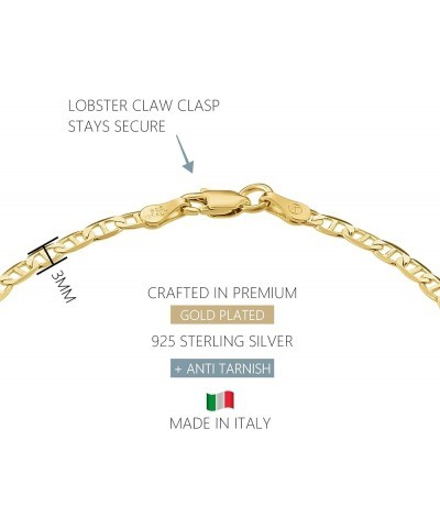 18K Gold Over 925 Sterling Silver Italian 3mm Solid Diamond-Cut Mariner Link Chain Bracelet - for Men & Women with Lobster Cl...