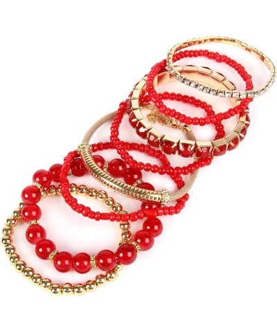 Multi Color Stretch Beaded Stackable Bracelets - Layering Bead Strand Statement Wrap Bangles Original - Red 7.0 Inches Length...