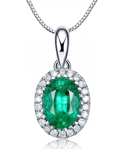 14k Solid White Gold 0.46ct Natural Green Emerald Necklace, Small Halo May Birthstone Necklace Oval Shape Pendant with 0.06ct...