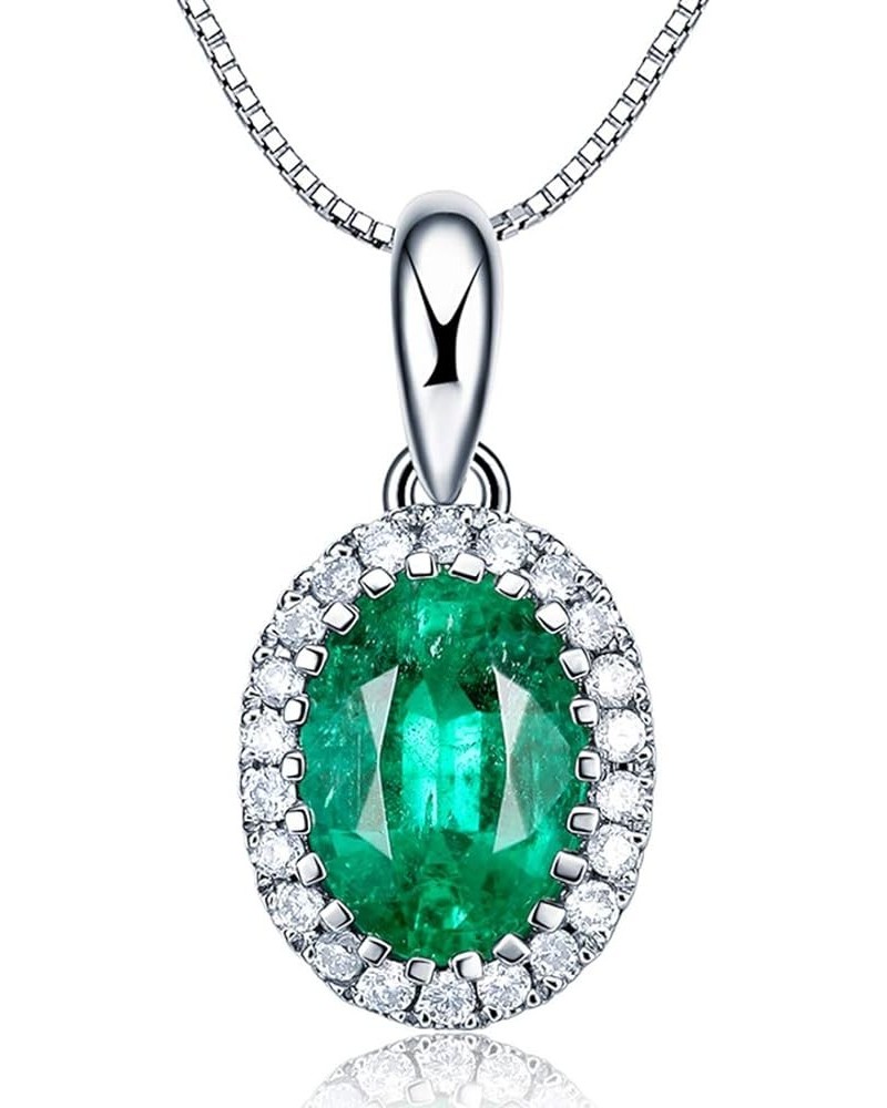 14k Solid White Gold 0.46ct Natural Green Emerald Necklace, Small Halo May Birthstone Necklace Oval Shape Pendant with 0.06ct...