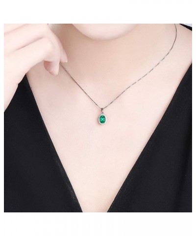 14k Solid White Gold 0.46ct Natural Green Emerald Necklace, Small Halo May Birthstone Necklace Oval Shape Pendant with 0.06ct...