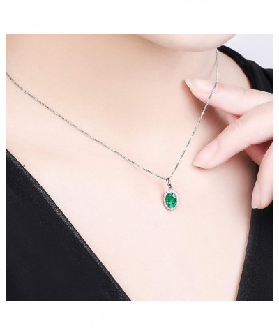 14k Solid White Gold 0.46ct Natural Green Emerald Necklace, Small Halo May Birthstone Necklace Oval Shape Pendant with 0.06ct...