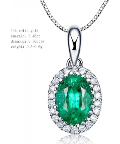 14k Solid White Gold 0.46ct Natural Green Emerald Necklace, Small Halo May Birthstone Necklace Oval Shape Pendant with 0.06ct...