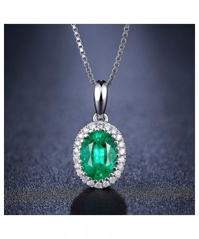 14k Solid White Gold 0.46ct Natural Green Emerald Necklace, Small Halo May Birthstone Necklace Oval Shape Pendant with 0.06ct...