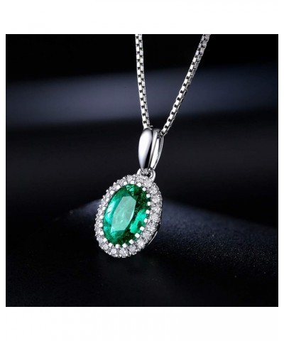 14k Solid White Gold 0.46ct Natural Green Emerald Necklace, Small Halo May Birthstone Necklace Oval Shape Pendant with 0.06ct...