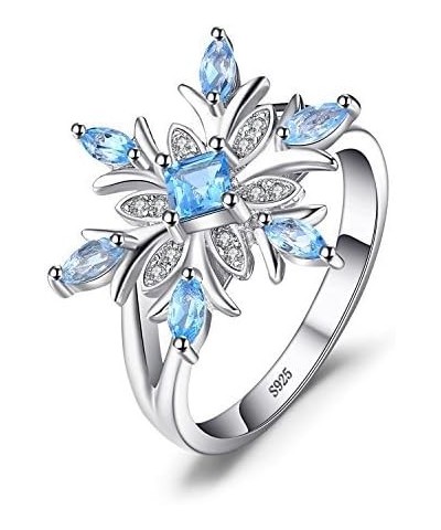 Snowflake Genuine Swiss Blue Topaz Cocktail Ring for Women, 14k White Gold Plated 925 Sterling Silver Promise Rings for Her, ...